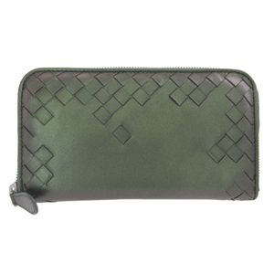 Like New Bottega Veneta 114076 Intrecciato Leather Metallic Green Round Zip Long Wallet 0292 [Used] BOTTEGA VENETA