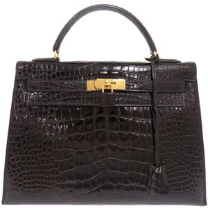 Excellent condition Hermes Kelly 32, external stitching, alligator leather, black, gold hardware, V stamp (made in 1992), handbag, black, 0415 [Used] HERMES