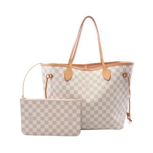 【二手】LOUIS VUITTONNeverfull MM 手提包，Damier Azur 帆布，芭蕾粉玫瑰色，N40603，芭蕾粉玫瑰色，PVC塗層帆布，皮革
