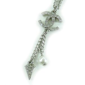 [5 Points] Excellent Condition ★ CHANEL F25C Coco Mark Rhinestone Faux Pearl Necklace Pendant Silver Made in France Women's