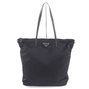 【ポイント5倍】美品◇PRADA プラダ 1BG189 トライアングルロゴプレート付き レザー使い  2way ナイロン ショルダー/トートバッグ ブラック レディース