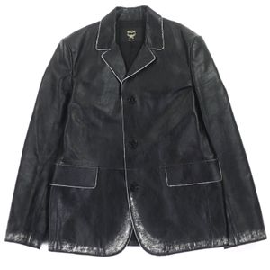 [5 Points] Excellent Condition ▼ MCM Lamb Leather Cyberpunk Blazer, Distressed Finish, Logo Buttons, Single-Breasted Tailored Jacket, Black, Size L, Made in Italy, Men's