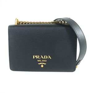 【ポイント5倍】美品★PRADA プラダ 1BD133 サフィアーノレザー ミニバッグ メタルロゴ チェーン ショルダーバッグ ブラック ゴールド金具 保存袋付き レディース