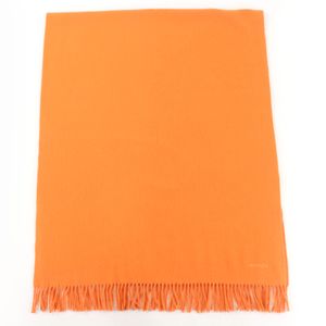 [5 Points] Excellent Condition ☆ HERMES 100% Cashmere Logo Embroidered Fringe Large Shawl Stole Scarf Orange Women's