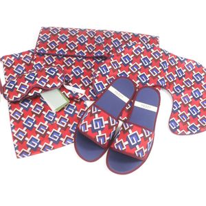 [5 Points] Unused □ GUCCI 662431 100% Silk Geometric G Eye Mask, Neck Pillow, Slippers Travel Set RED Navy XL with Box and Dust Bag Made in Italy Men's
