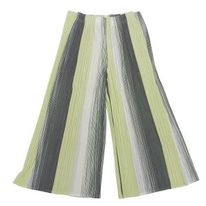 【포인트 5배】최상급 컨디션▲PLEATS PLEASE ISSEY MIYAKE PP91-JF743 코튼 혼방 스트라이프 와이드 팬츠 라이트 그린 그레이 화이트 2 일본제 정품 여성용