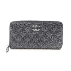 [Used] Chanel CHANEL Round Long Wallet Matelassé Glitter Glitter Black Caviar Skin (Grained Calf) Matelassé Round Long Wallet Women's Used B