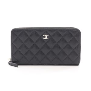 [Used] Chanel Matelassé Round Long Wallet, Black Caviar Skin (Grained Calfskin), Women's Matelassé Round Long Wallet, Used A