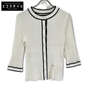 RENE 6412640 화이트×네이비 코튼 혼방 쉘 로고 플레이트 케이블 니트 재킷 38【중고】
