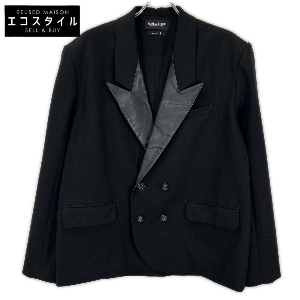 PLATO STUDIO PW21J04 เสื้อแจ็คเก็ตกระดุมสองแถว ปกแหลม (Peaked Lapel) ตัดต่อหนัง สีดำ ไซส์ 1 [สินค้ามือสอง]