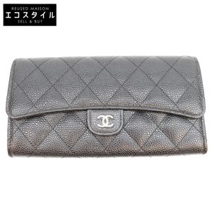 Chanel AP0241 Black Caviar Silver Hardware Matelassé Classic Long Flap Wallet (Pre-owned)