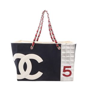 [Used] Chanel CHANEL Tote Bag No. 5 Chocolate Bar Coco Mark Navy/Multi Canvas Leather Coco Mark No. 5 Chocolate Bar Chain Tote Women's
