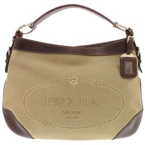 Prada Logo提花帆布皮革米ブラウン單肩包 1586 [二手] PRADA