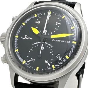 Sinn Euroflieger Chronograph Left-Handed Watch, Stainless Steel/Leather Strap, Automatic Movement, Black Dial/Black Leather Strap, Men's [Used]