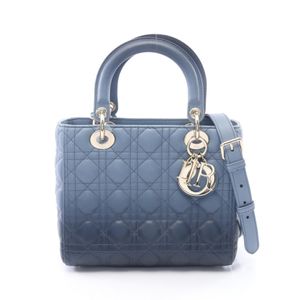 [Pre-owned] Dior Lady Dior Cannage 2-Way Handbag, Blue/Navy Leather, Medium Tote Bag for Women