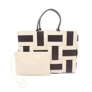 [중고] BOTTEGA VENETA 토트백 THE ARCO TOTE 아르코 라지 인트레치아토 다크 브라운/내추럴 캔버스 레더 맥시 인트레치아토 아르코 토트 라지
