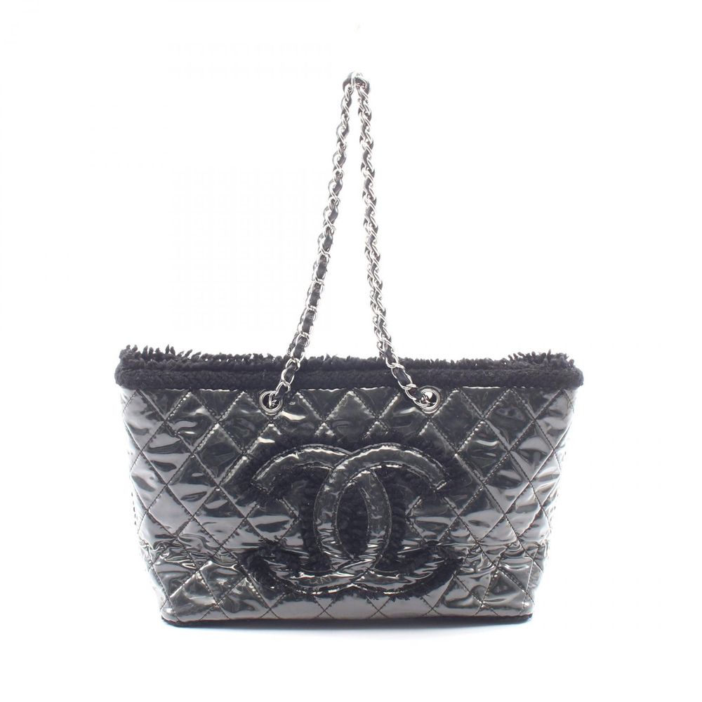 [Used] Chanel CHANEL Tote Bag Patent Toilette Funny Tweed Black Vinyl Wool Matelassé Chain Tote Women's Used B