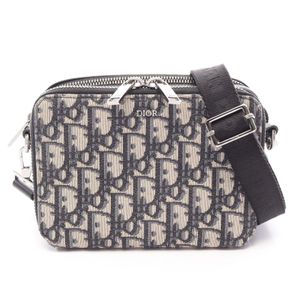 [Pre-owned] Dior Shoulder Bag with Strap and Zip Pouch, Oblique Pattern, Ivory/Navy/Black Canvas Leather Messenger Bag