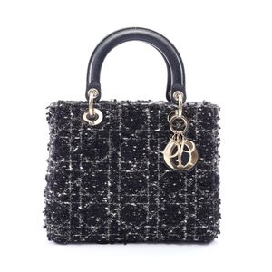 [Pre-owned] Dior Lady Dior handbag, black/white fabric leather, 2-way tote bag, medium size, women's.