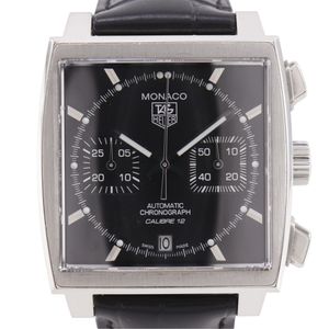 TAG TAG HEUER Monaco腕錶 CAW2110.FC6177，不鏽鋼錶殼搭配皮錶帶，自動上鍊，計時功能，黑色錶盤，男款 [二手]