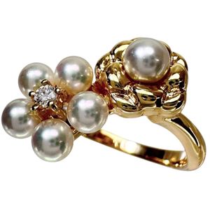 9호 MIKIMOTO 베이비 펄 3.2~3.7mm 다이아몬드 반지 K18 골드 3.7g 여성용 【중고】