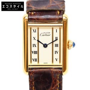 Cartier 80-90s W1003053 925 머스트 탱크 SM 베르메유 크로코 스트레이트 로마 다이얼 QZ 시계 【중고】