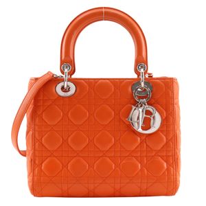 Christian Dior Lady Dior Medium Handbag, Cannage Pattern, 2-Way Shoulder Bag, Calfskin, Orange, Shoulder Bag/Handbag, 2-Way, A5 Size, Zipper, Ladies' [Used]