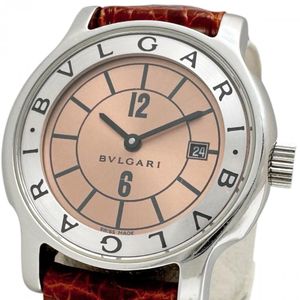 BVLGARI Solotempo Date ST29S Watch, Stainless Steel/Leather, Quartz, Salmon Pink Dial/ Braun Leather Aftermarket Strap, Ladies' [Used]