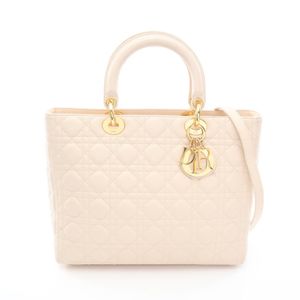 [Pre-owned] Dior Lady Dior Large Cannage 2-Way Handbag, Cream Leather, Lady Dior Cannage 2-Way Tote, Large, Women's