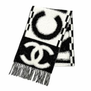 미사용급△CHANEL 샤넬 AAA478 캐시미어 실크 코코마크 로고 디자인 프린지 머플러 화이트 블랙 이탈리아제 여성용