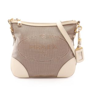 【二手】Prada PRADA 女士單肩包 LOGO 提花 米色/象牙色帆布皮革 Logo 提花單肩包