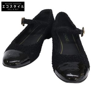 Chanel G39582 Mary Janes Tweed Flat Pumps with Coco Mark/Camellia Design, Size 39 1/2 [Used]