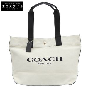 Coach 女士帆布 x 皮革手提包，白色 x 黑色，F72847 [二手]