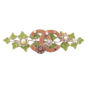 Excellent condition Chanel vintage Coco Mark ivy leaf metal rhinestone faux pearl green pink brooch 0434 [Used] CHANEL