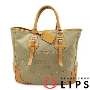 Prada 로고 자카드 토트백 캔버스/레더 여성 숄더백
 베이지【중고】