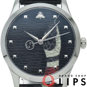 Gucci G-Timeless Marche Des Merveilles Men's Watch 126.4/YA1264007, Box Included, Stainless Steel/Leather, Black, Polished, Excellent Condition [Used]