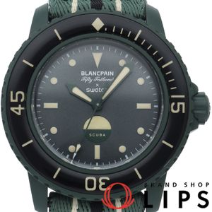 Swatch Blancpain x Swatch Bioceramic Fifty Fathoms Green Abyss SO35G100 Men's Watch, Green, Excellent Condition, with Box and Warranty Card. Features bioceramic/nylon construction. Brand New.