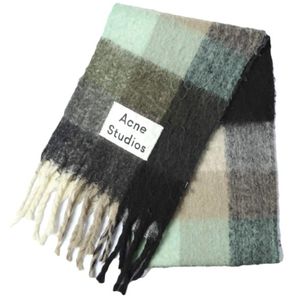Acne Studios 이탈리아산 프린지 체크 머플러 274176 Murti Green 울 스카프【중고】【Acne Studios】