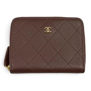 Mint condition★CHANEL AP4918 Coco Mark Round Zip Grained Goatskin Compact Wallet, Bi-fold Wallet , Braun Gold Hardware, Made in Spain, Women's, with Box and Dust Bag.