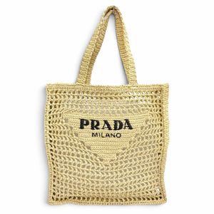 Excellent condition △PRADA 1BG393 Triangle Logo Raffia Crochet Tote Bag, Shoulder Bag, NATURAL, Made in Italy, Women's, Highly Recommended◎