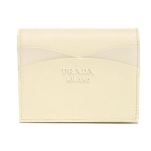 Pre-owned Prada Saffiano Wave Compact Wallet, Smooth White Leather, Snap Button Closure, Bill Compartment, Card Case, Coin Purse, Excellent Condition, Metal Logo, Bianco (White), Bi-fold Wallet, 1MV204 2DYH F0009