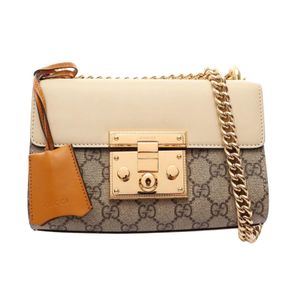 [중고] Gucci 구찌 숄더백 패드락 GG 수프림 스몰 409487 베이지/아이보리/브라운 PVC 코팅 캔버스 레더 패드락 GG 수프림 체인 숄더백 스몰