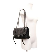 Chanel No. 19 A94074 Black Calfskin Silver Hardware Paris-Dalas Studded Buckle Flap Shoulder Bag [Used]