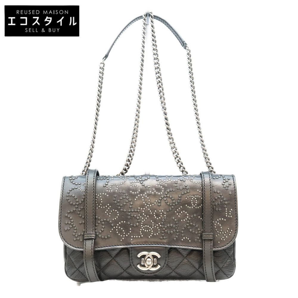 Chanel No. 19 A94074 Black Calfskin Silver Hardware Paris-Dalas Studded Buckle Flap Shoulder Bag [Used]
