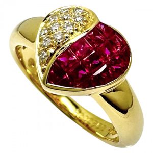 Size 11 Heart-shaped Ruby Ring (0.98ct total) and Diamond Ring (0.08ct total) in 18K Gold, 5.0g, Women's [Pre-owned]