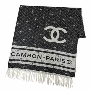 미사용품☆Chanel 샤넬 31 RUE CAMBON 코튼 실크 코코마크 프린지 대형 스톨/숄 그레이 이탈리아제 여성용 박스·보관 파우치 포함