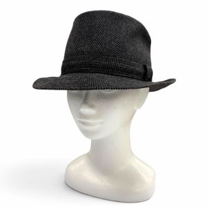 Excellent condition ▼HERMES Hermes wool cashmere herringbone pattern fedora hat with H logo embroidery, gray, size 59, made in France, authentic, men's, with box.