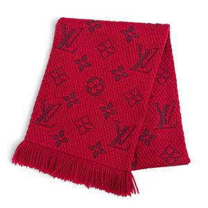 미품△LOUIS VUITTON 루이비통 413287 에샬프 로고마니아 울 실크 루비 모노그램 프린지 머플러 이탈리아제 여성용