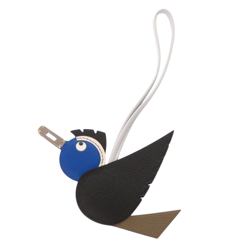 Excellent condition Hermes Birdy bag charm in Veau Epsom leather, black Bleu Hydra, Bleu Brume, silver hardware, K stamp (2025 production), 0186 [Pre-owned] HERMES