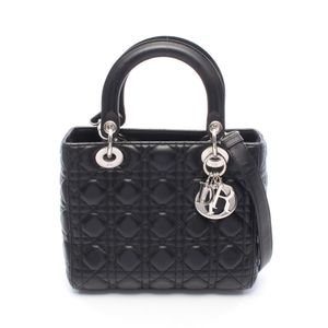 [Used] Dior Lady Dior 2-Way Handbag, Black Leather, Medium Size, Women's, Used A